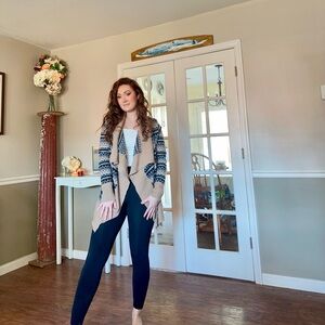 Cozy Open-Front Knit Cardigan in Beige & Navy